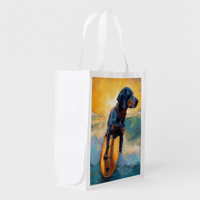 Bluetick Coonhound Beach Surfing Painting  Grocery Bag (Front Side)