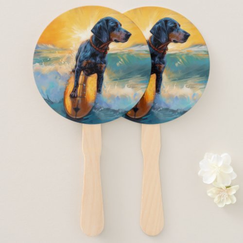 Bluetick Coonhound Beach Surfing Painting  Hand Fan