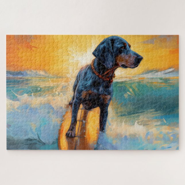 Bluetick Coonhound Beach Surfing Painting  Jigsaw Puzzle (Horizontal)