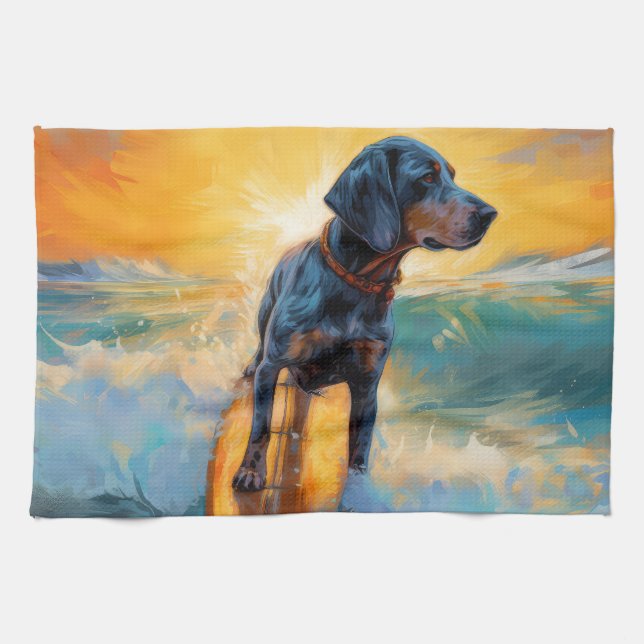 Bluetick Coonhound Beach Surfing Painting  Kitchen Towel (Horizontal)