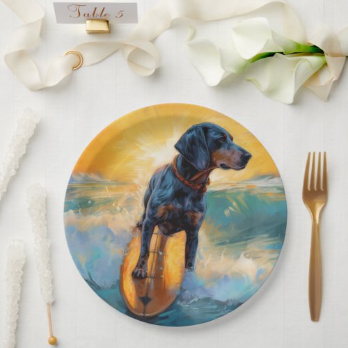 Bluetick Coonhound Beach Surfing Painting  Paper Plates