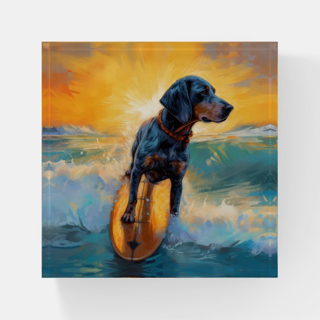 Bluetick Coonhound Beach Surfing Painting  Paperweight (Front)