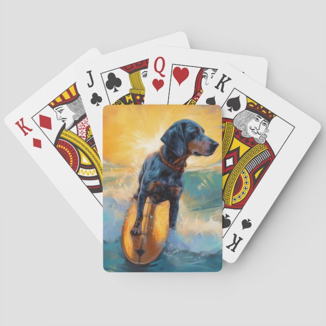 Bluetick Coonhound Beach Surfing Painting  Poker Cards (Back)
