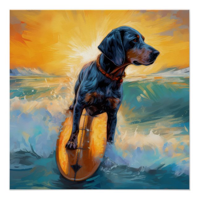 Bluetick Coonhound Beach Surfing Painting  Poster (Front)