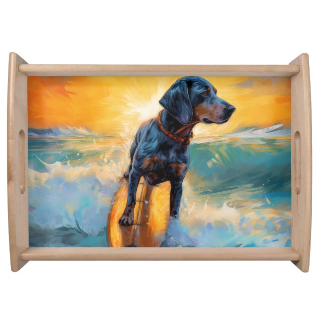 Bluetick Coonhound Beach Surfing Painting  Serving Tray (Front)