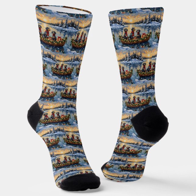Bluetick Coonhound Christmas Boat Holiday Socks (Angled)