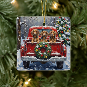 Bluetick Coonhound Christmas Red Truck Holiday Ceramic Ornament