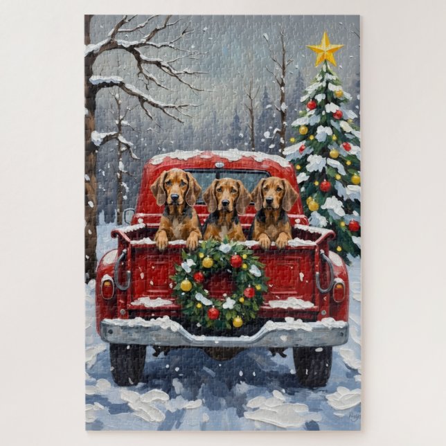 Bluetick Coonhound Christmas Red Truck Holiday Jigsaw Puzzle (Vertical)