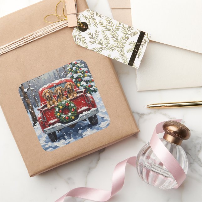 Bluetick Coonhound Christmas Red Truck Holiday Square Sticker (Gifting)