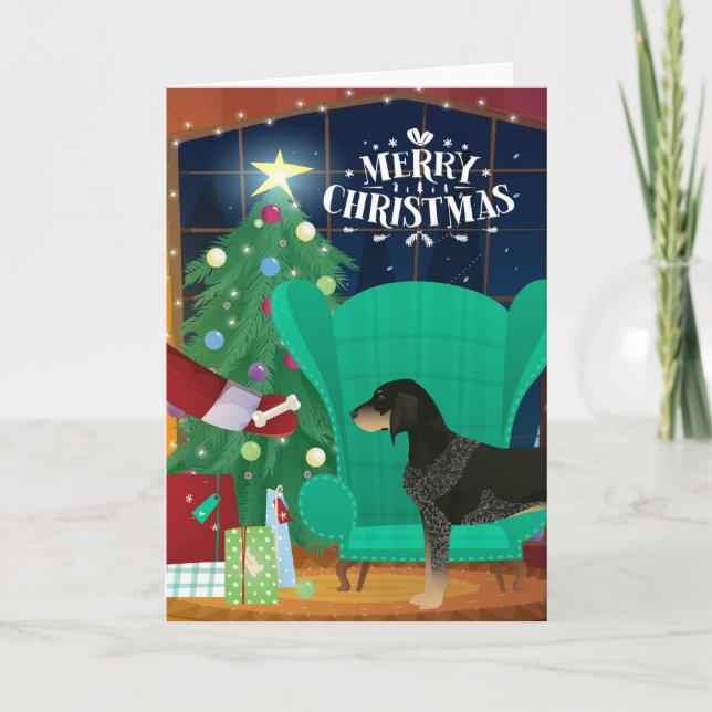 Bluetick Coonhound Christmas Santa's Gift Holiday Card (Front)