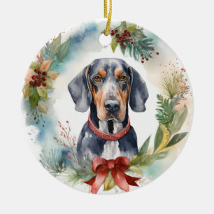 Bluetick Coonhound Christmas Wreath Festive Pup Ceramic Ornament