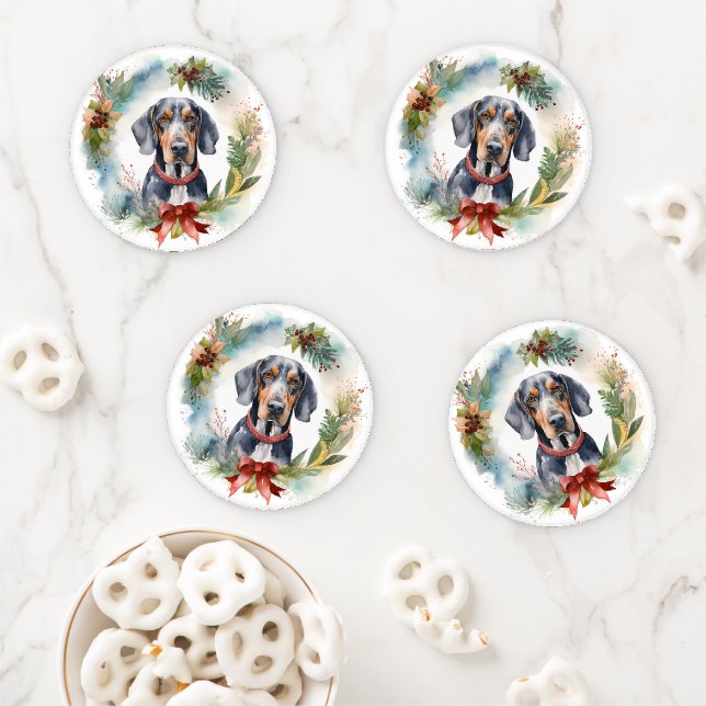 Bluetick Coonhound Christmas Wreath Festive Pup  Coaster Set (In Situ)