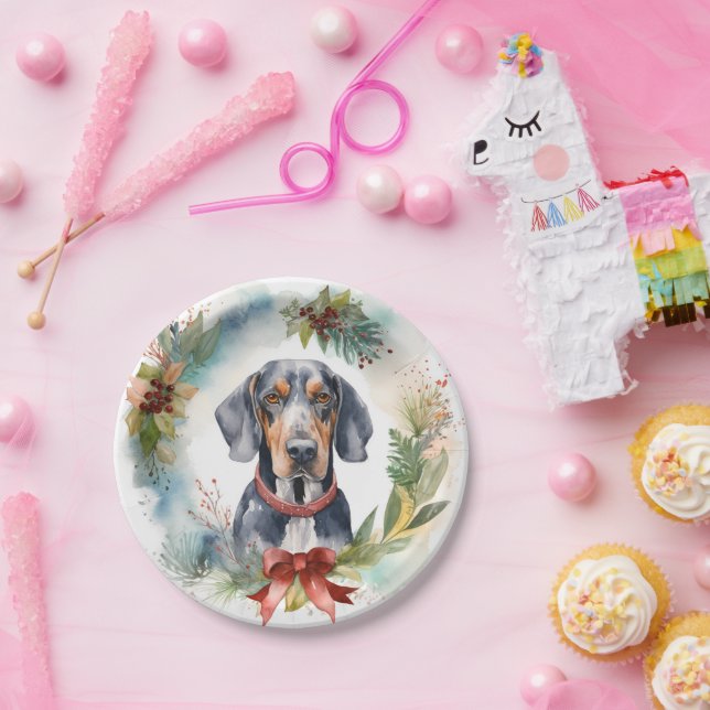 Bluetick Coonhound Christmas Wreath Festive Pup  Paper Plates (Party)