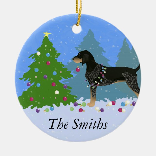 Bluetick Coonhound Decorating Christmas Tree Ceramic Ornament (Front)