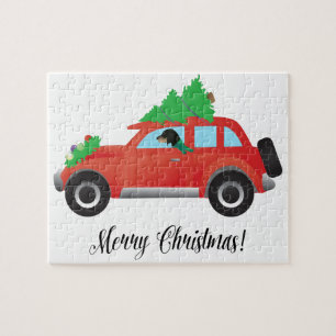 Bluetick Coonhound Dog Driving Christmas Car Jigsaw Puzzle
