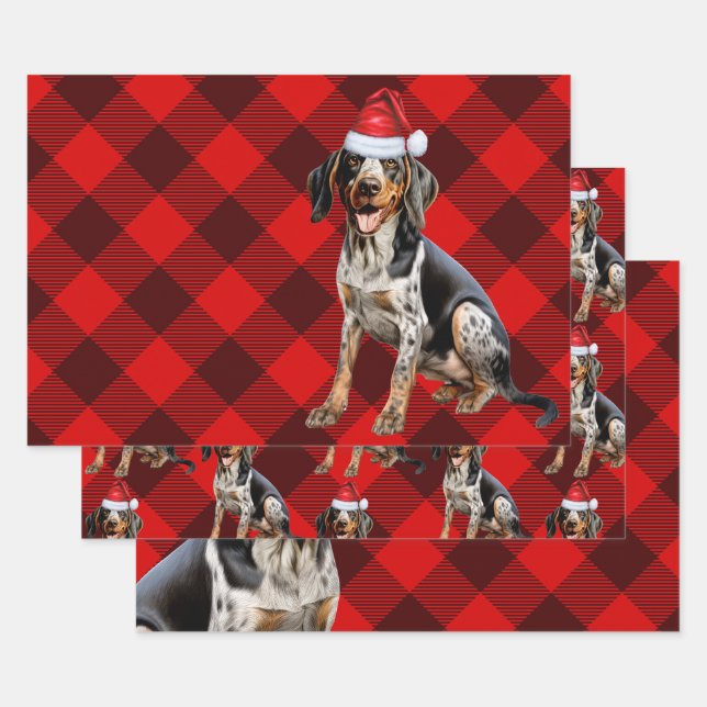 Bluetick Coonhound Dog Holiday Plaid Christmas Wrapping Paper Sheets (Set)