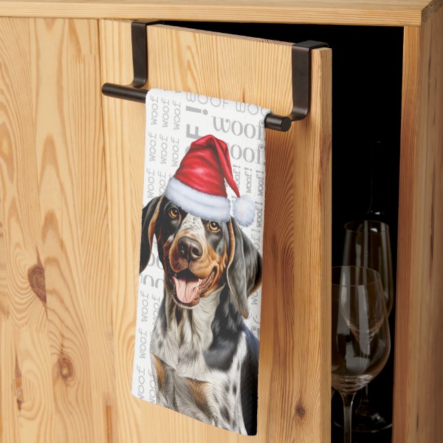 Bluetick Coonhound Dog in Santa Hat Woof Christmas Kitchen Towel (Thirds Fold)