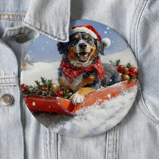 Bluetick Coonhound Dog in Sledge Christmas Button (In Situ)