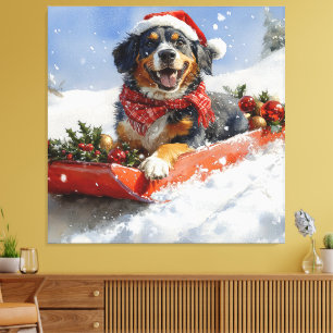 Bluetick Coonhound Dog in Sledge Christmas Canvas Print
