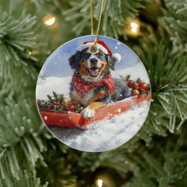 Bluetick Coonhound Dog in Sledge Christmas Ceramic Ornament (Tree)