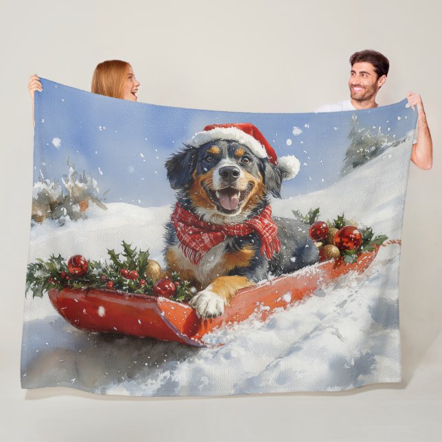 Bluetick Coonhound Dog in Sledge Christmas Fleece Blanket (In Situ)