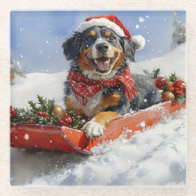 Bluetick Coonhound Dog in Sledge Christmas Glass Coaster (Front)