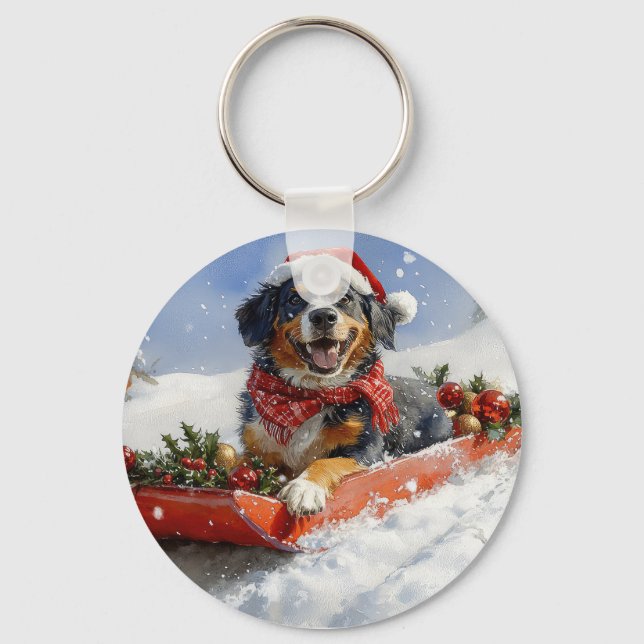 Bluetick Coonhound Dog in Sledge Christmas Keychain (Front)