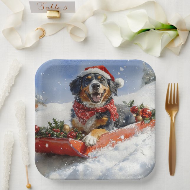 Bluetick Coonhound Dog in Sledge Christmas Paper Plates (Wedding)