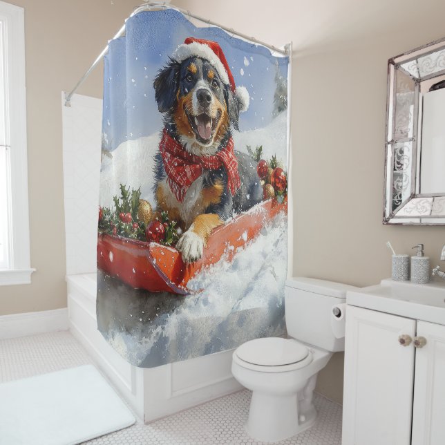 Bluetick Coonhound Dog in Sledge Christmas Shower Curtain (In Situ)