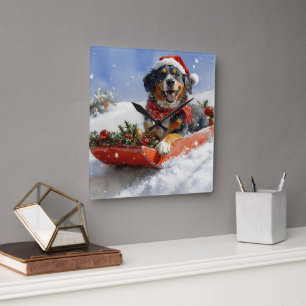Bluetick Coonhound Dog in Sledge Christmas Square Wall Clock