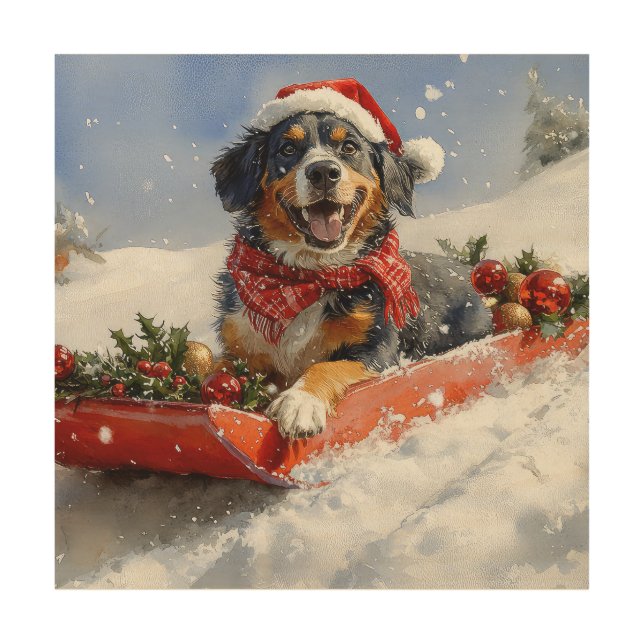 Bluetick Coonhound Dog in Sledge Christmas Wood Wall Art (Front)