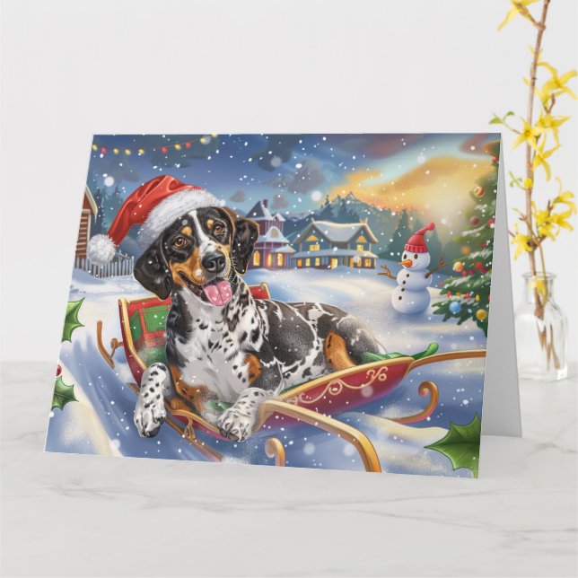 Bluetick Coonhound Dog in Sleigh Snow Christmas Card (Yellow Flower)