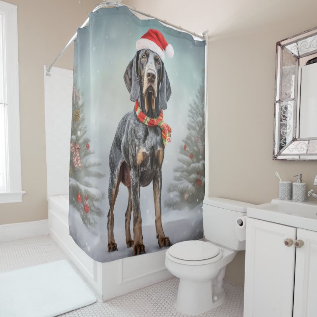 Bluetick Coonhound Dog in Snow Christmas  Shower Curtain (In Situ)