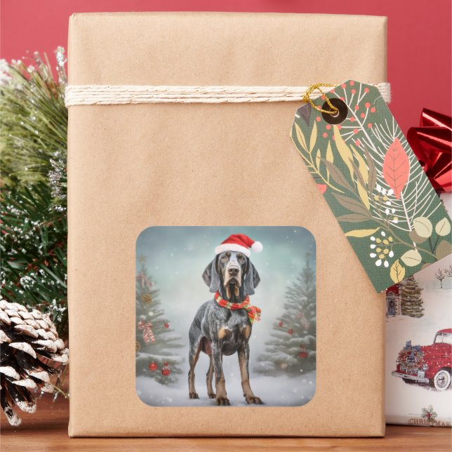 Bluetick Coonhound Dog in Snow Christmas  Square Sticker (Holiday)
