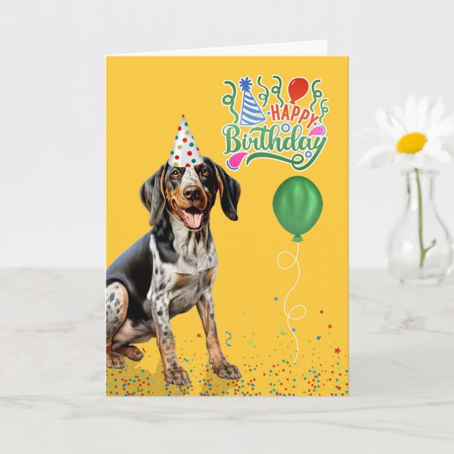 Bluetick Coonhound Dog Party Hat Yellow Birthday Card (Small Plant)