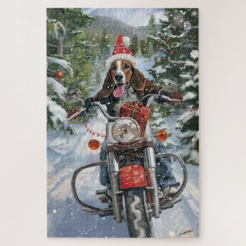 Bluetick Coonhound Dog Riding Motorcycle Christmas Jigsaw Puzzle