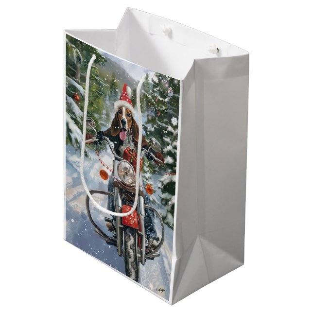 Bluetick Coonhound Dog Riding Motorcycle Christmas Medium Gift Bag (Front Angled)