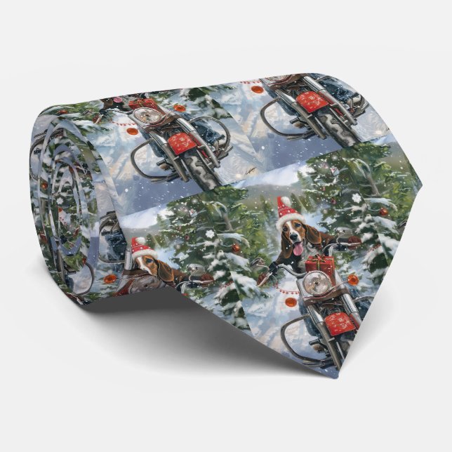 Bluetick Coonhound Dog Riding Motorcycle Christmas Neck Tie (Rolled)