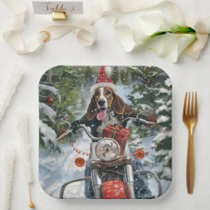 Bluetick Coonhound Dog Riding Motorcycle Christmas Paper Plates