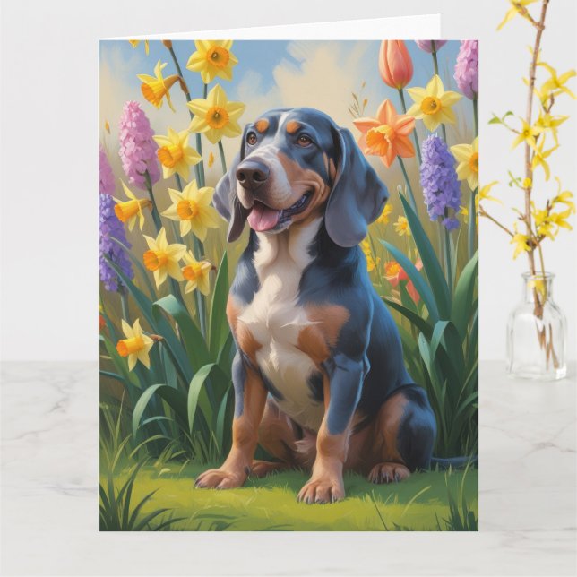Bluetick Coonhound Dog Spring Flowers Painting Card (Yellow Flower)