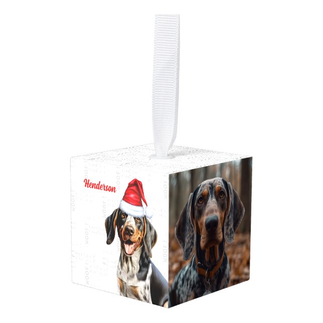 Bluetick Coonhound Dog Two Photo Christmas Holiday Cube Ornament (Front Angled)