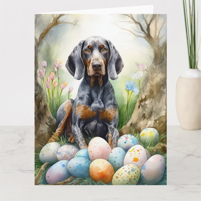 Bluetick Coonhound Dog with Easter Eggs Holiday  Card (Front)