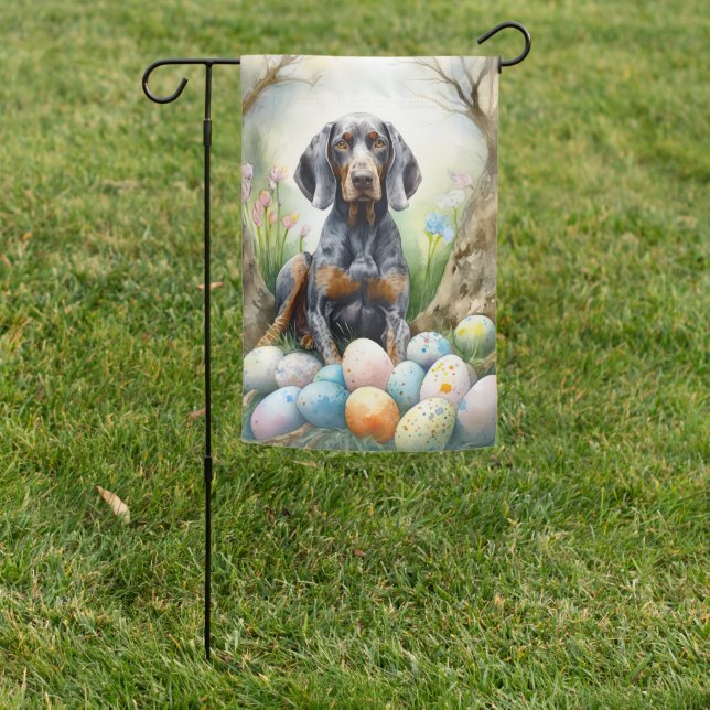 Bluetick Coonhound Dog with Easter Eggs Holiday  Garden Flag (In SItu)