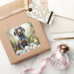 Bluetick Coonhound Dog with Easter Eggs Holiday Square Sticker