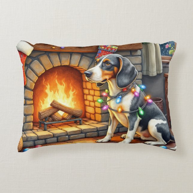 Bluetick Coonhound Fireplace with Christmas Lights Accent Pillow (Front)