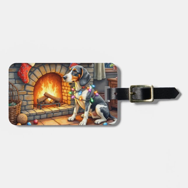 Bluetick Coonhound Fireplace with Christmas Lights Luggage Tag (Front Horizontal)