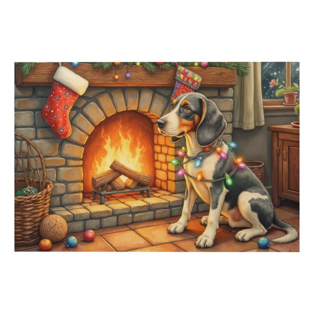 Bluetick Coonhound Fireplace with Christmas Lights Wood Wall Art (Front)