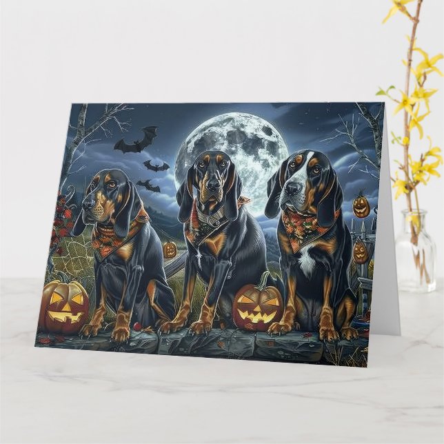 Bluetick Coonhound Halloween Spooky Card (Yellow Flower)