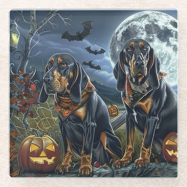 Bluetick Coonhound Halloween Spooky Glass Coaster (Front)