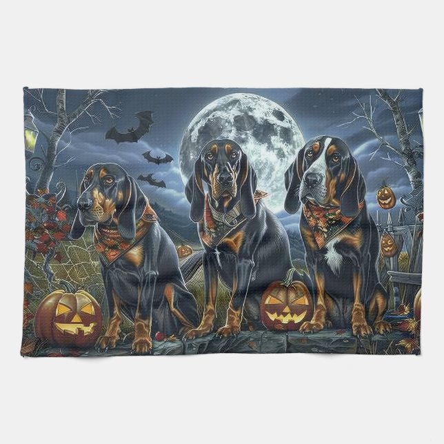Bluetick Coonhound Halloween Spooky Kitchen Towel (Horizontal)